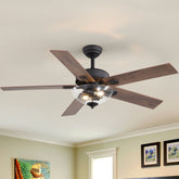 52" Farmhouse Industrial Ceiling Fan with Light, 5 Reversible Wood Grain Blades, DC Motor, Remote Control, 6 Speeds, Forward/Reverse, Matte Black Finish, 6“ Downrod, Glass Lampshade,E26 Bulb Base (2 Bulbs Required, Not Included)